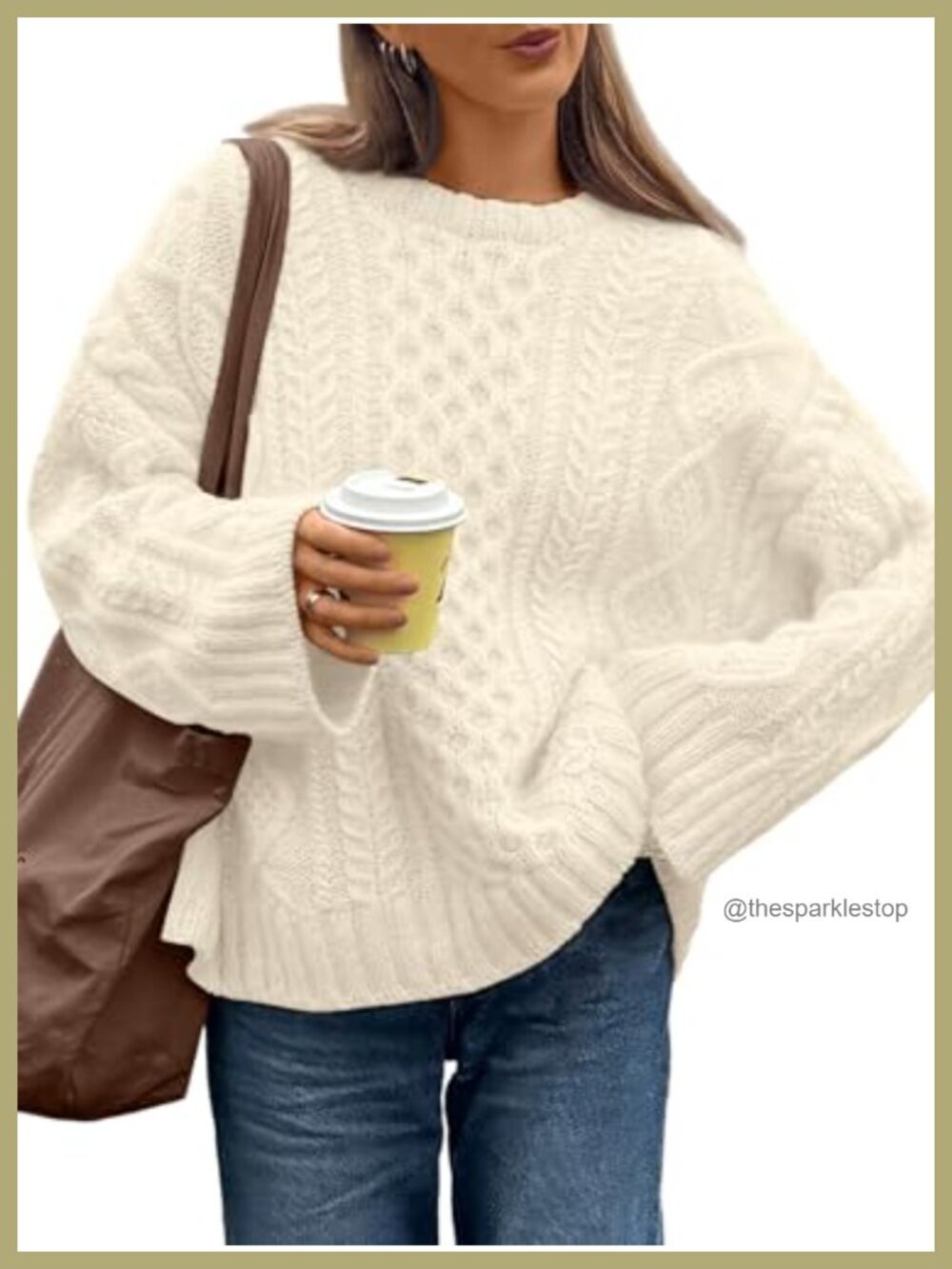 Oversized Cable Knit Sweater Women Crewneck Pullover Fall Winter